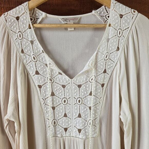 Krazy Kat Womens Ivory Floral Crochet Blouse L Tassels Boho Cottage Prairie - Picture 2 of 11